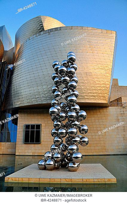Guggenheim Museum, evening light, architect Frank Gehry, Tall Tree and The Eye by Anish Kapoor, sculptures, Bilbao, Basque Country, Spain
