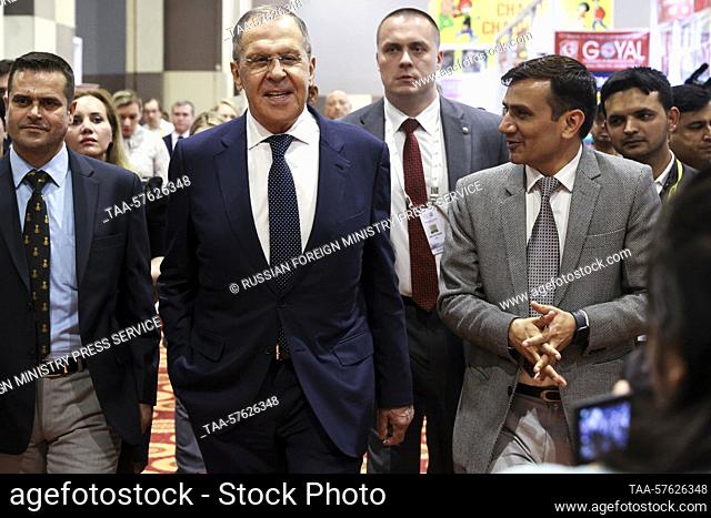 INDIA, NEW DELHI - MARCH 1, 2023: Russia's Foreign Minister Sergei Lavrov (2nd L) visits the Pragati Maidan exhibition and convention centre on the sidelines of...