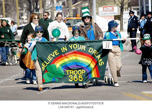 Girl scouts participate in Saint Patrick's parade. USA