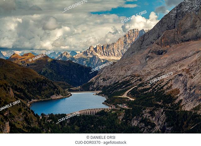 Civetta Mount over the Fedaia Lake from Viel del Pan, Dolomites, Canazei, Trentino Alto Adige, Italy