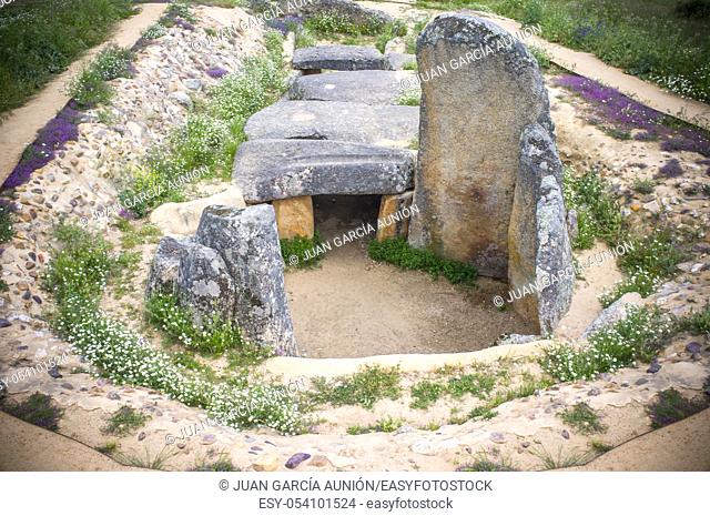 Dolmen of Lacara, the biggest megalithic burial in Extremadura. Spain