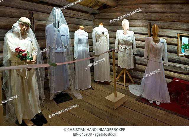 Historic wedding gowns at the living history museum in Uvdal, Norway, Scandinavia, Europe