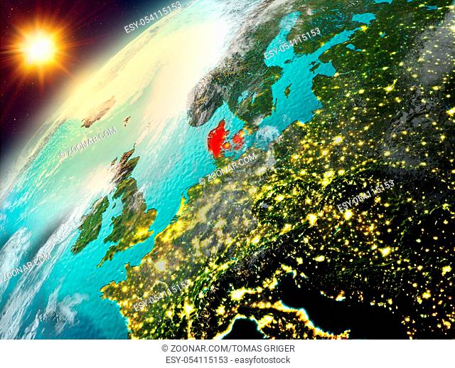 Illustration of Denmark as seen from Earth?s orbit during sunset. 3D illustration. Elements of this image furnished by NASA