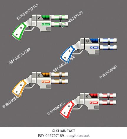 Video game weapon. Virtual reality device. Set of fantasy revolvers. Vector illustration