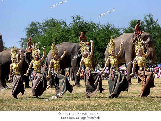 Apsara dancers in traditional costumes at the Elephant Festival, Surin, Surin Province, Isan, Isaan, Thailand