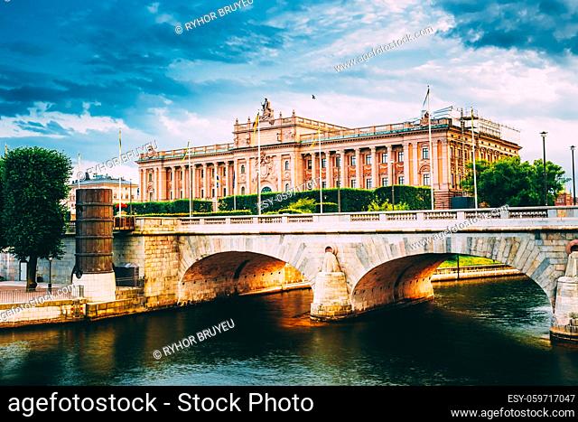 Riksdag Parliament Building and Norrbro Bridge In Stockholm, Sweden