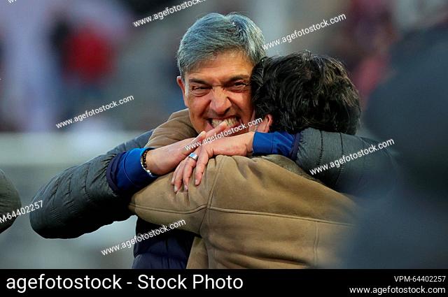 Charleroi's head coach Felice Mazzu and Charleroi's manager Mehdi Bayat celebrate after winning a soccer match between Sporting Charleroi and SV Zulte Waregem