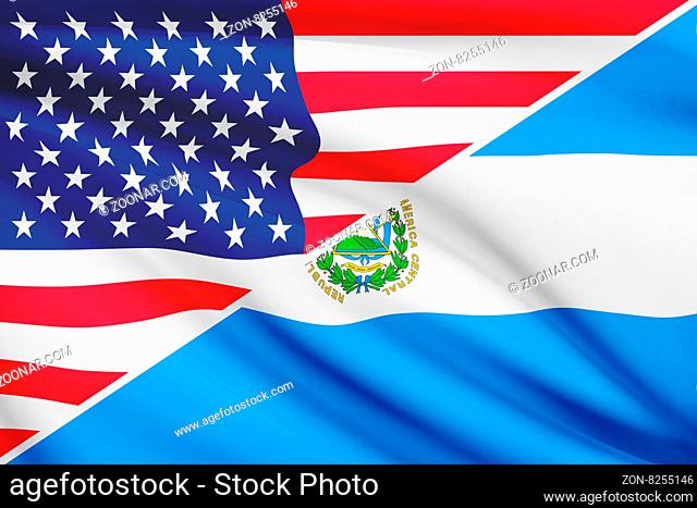 Flags of USA and Republic of El Salvador blowing in the wind. Part of a series