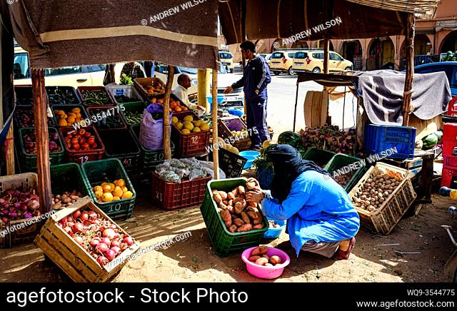 Fresh local produce for sale at a fruit and vegetable market in Tagounite, Morocco, Africa
