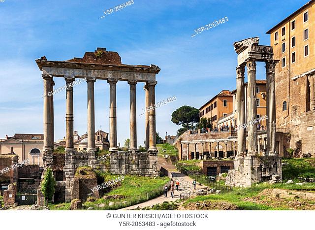 Roman Forum with the Temple of Saturn and the three remaining columns of the Temple of Vespasian right, Rome, Lazio, Italy, Europe