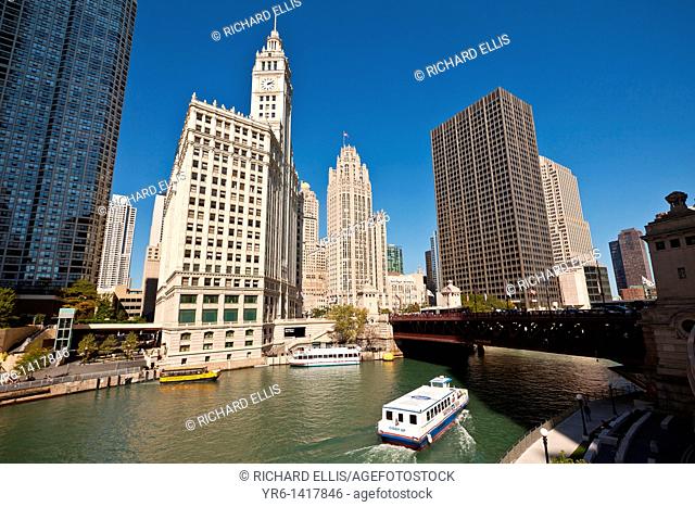 Chicago Tribune and Wrigley buildings along Michigan Ave with view of Chicago River Chicago, IL, USA