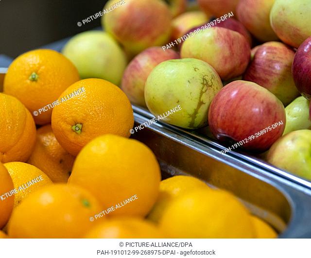 10 October 2019, Lithuania, Rukla: Apples and oranges lie in a canteen on the counter. Photo: Monika Skolimowska/dpa-Zentralbild/ZB. - Rukla/Lithuania