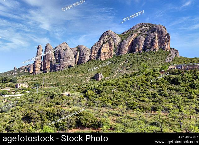 Conglomerate rock formations of the Mallos de Riglos, Huesca Province, Aragon, Spain. The Mallos de Riglos are approximately 300 meters high