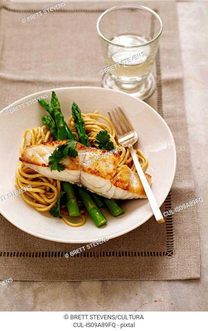 Grilled fish, asparagus and linguine
