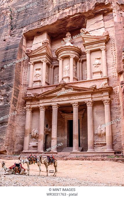 Exterior view of the rock-cut architecture of Al Khazneh or The Treasury at Petra, Jordan