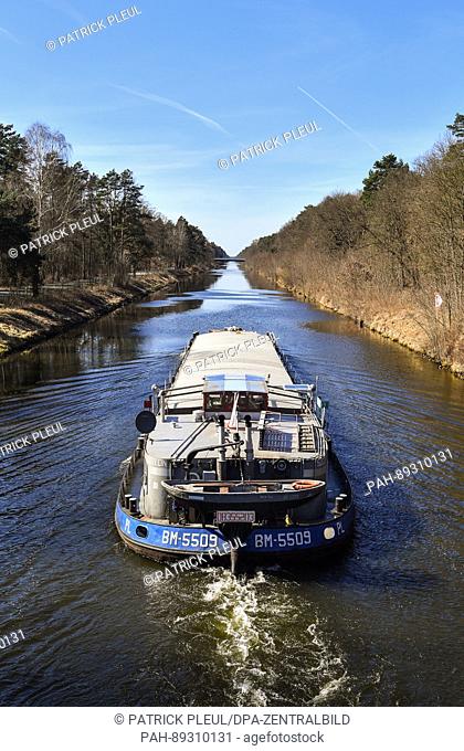 A Polish push tow heads west on the Finow canal, photographed near Marienwerder, Germany, 24 March 2017. The Finow canal, with its 31, 9 kilometre length