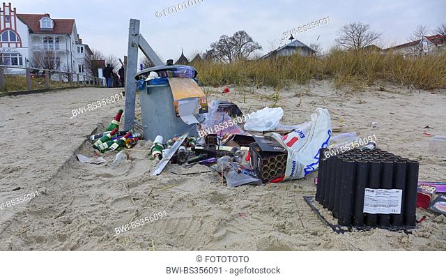 New Year's Eve trash on the beach , Germany, Mecklenburg-Western Pomerania, Ruegen