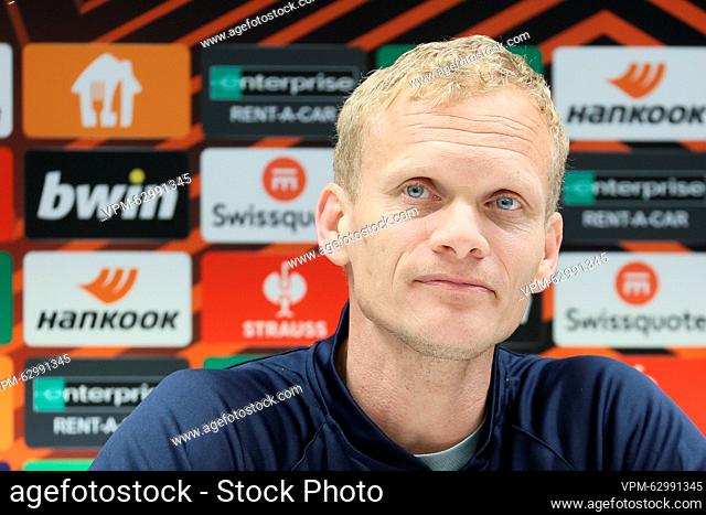 Union's head coach Karel Geraerts pictured during a press conference of Belgian soccer team Royale Union Saint-Gilloise, Wednesday 15 March 2023 in Anderlecht