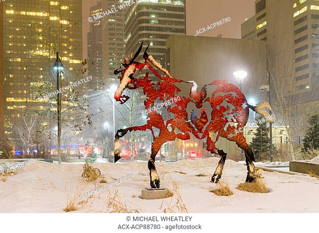 Detail, Joe Fafard’s Horse Sculpture “Do Re Mi Fa Sol La Si Do” in winter snowstorm, Calgary, Alberta, Canada