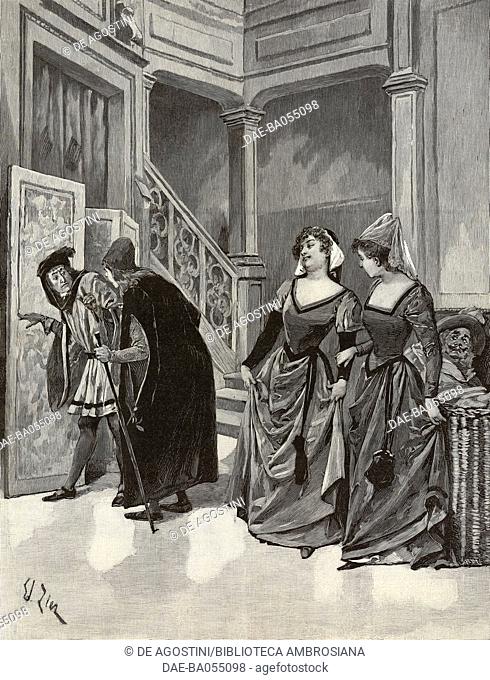 Ford and Caio looking for Falstaff, scene from Falstaff, by Giuseppe Verdi, Theatre de l'Opera Comique, Paris, France, illustration from L'Illustration, No 2669