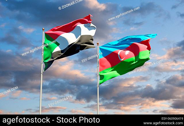 Beautiful national state flags of Sudan and Azerbaijan together at the sky background. 3D artwork concept