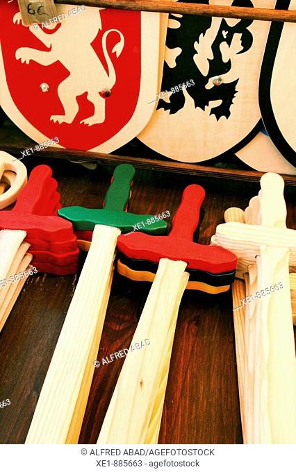 Wooden swords and shields, toys at medieval fair. Sabadell, Barcelona province, Catalonia, Spain