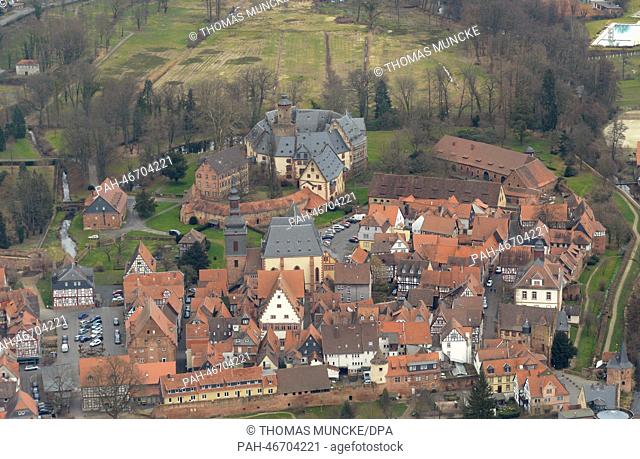 An aerial photo shows the old town and the castle, seat of the noble family zu Ysenburg and Buedingen in Buedingen,  Germany, 26 February 2014