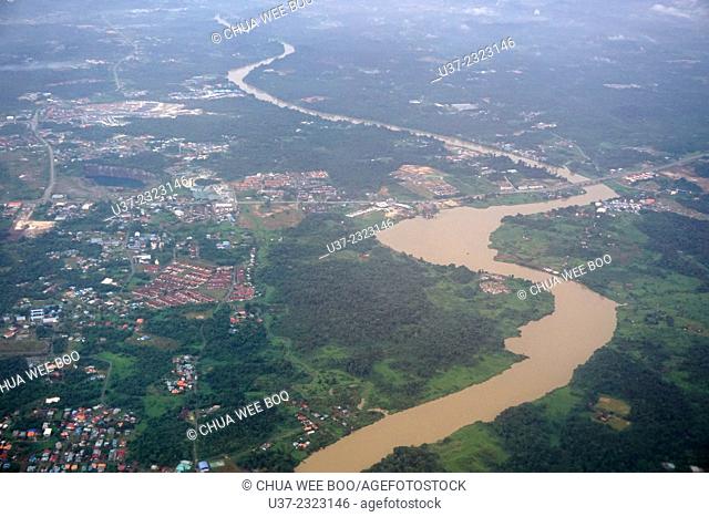 Bird's view of Kuching city and Sarawak river, Sarawak, Malaysia