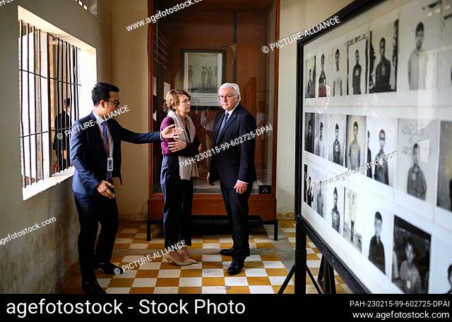 15 February 2023, Cambodia, Phnom Penh: German President Frank-Walter Steinmeier and his wife Elke Büdenbender are guided through the Tuol Sleng Genocide Museum...