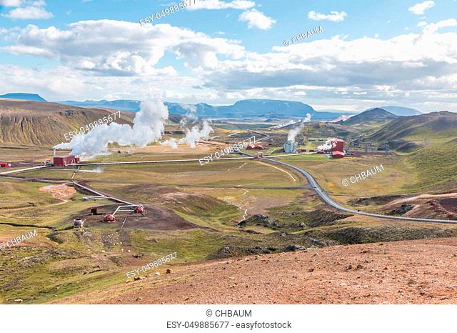 View over the Krafla area with its geothermal power plant, near Lake Myvatn, Iceland