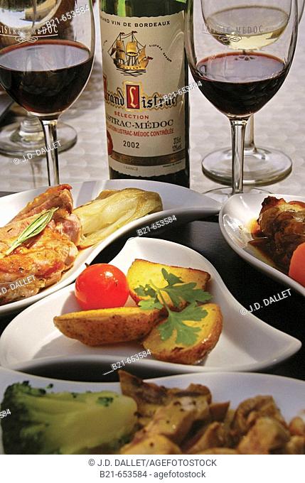 Food: 'Confits', with a Listrac-Medoc wine of the Bordeaux wine district, at 'Auberge Des Vignerons', at Listrac. Gironde. France