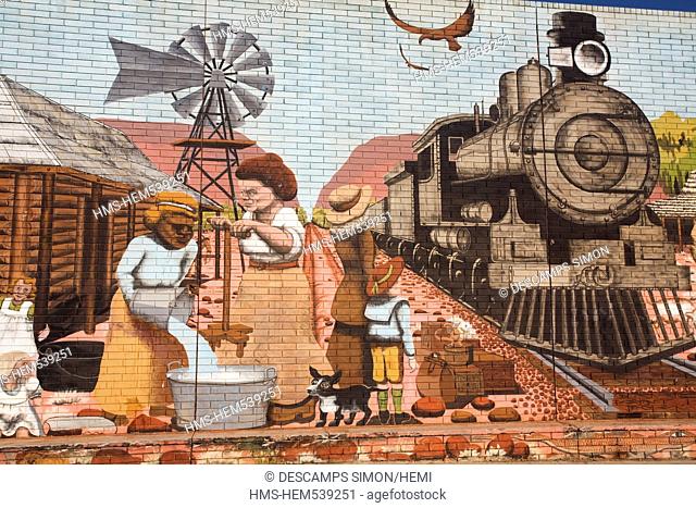 Australia, Northern Territory, Red Center, Alice Springs, outside painting showing the history of the building of The Ghan line
