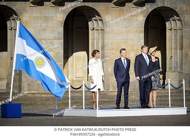 King Willem-Alexander and Queen Maxima of The Netherlands welcome President Maurico Macri and his wife Juliana Awada of Argentina during an official welcome...
