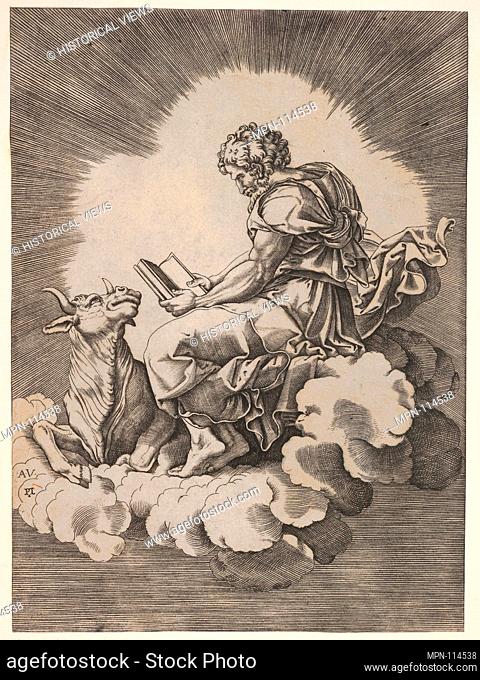 St. Luke, seated on a cloud with an open book in both hands, a bull lying at his feet, from a series of the four evangelists after Agostino Veneziano