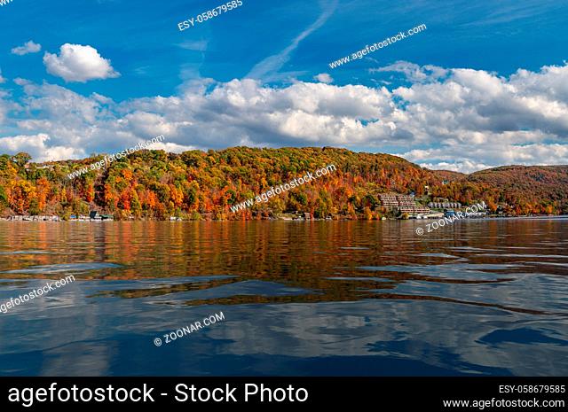 Panorama of the autumn fall colors surrounding Cheat Lake with artificial water surface near Morgantown, West Virginia
