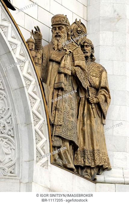 Fragment of facade with high relief of saints, Cathedral of Christ the Saviour, Moscow, Russia