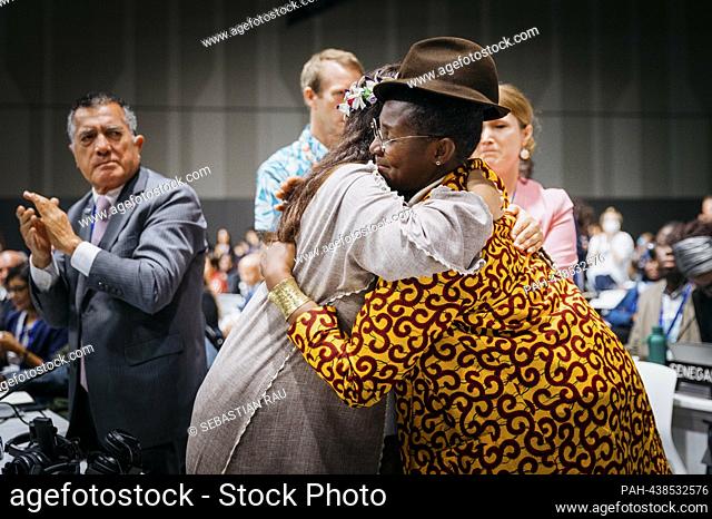 Delegation of the Marshall Islands hugging, taken during the final plenary session of COP28 in Dubai, December 13, 2023. - Dubai/Vereinigte Arabische Emirate