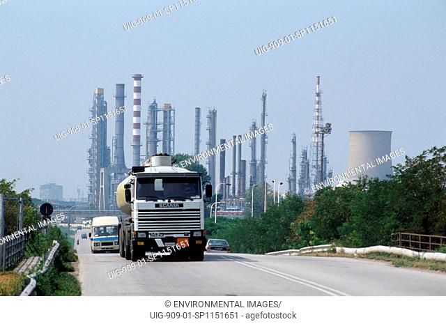 ITALY., vicinity Ferrara. A tanker transports gasoline from an oil refinery. 90 of transport in Italy is by road.