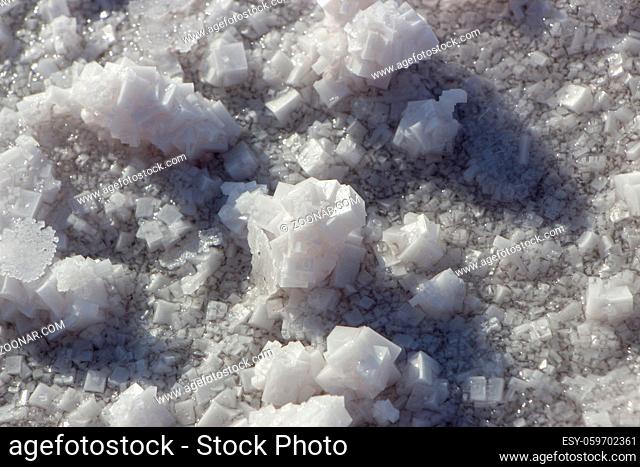 Salt crystals formed on the shores of the pink salt lake. Pink background with the texture of salt crystals