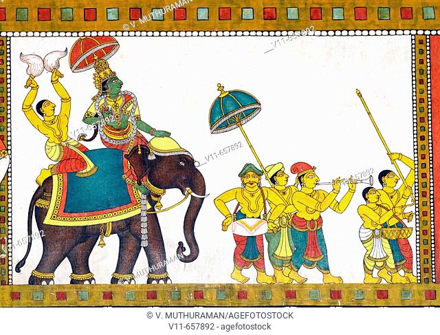 Murals of Thiruvilayadal Puranam (Lord Shivas Game, the collection of 64 stories, composed by Paranjyoti Munivar) in Sri Meenakshi Temple walls near Golden...