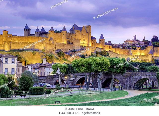 France, Aude region, Carcassonne city, la cite, medieval fortress, W.H., sunset, skyline