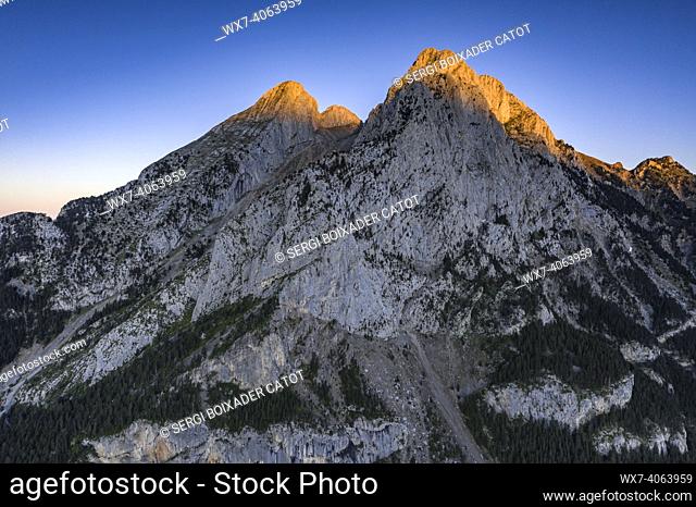 Pedraforca mountain aerial view in a summer sunrise over the Saldes Valley (Barcelona province, Catalonia, Spain, Pyrenees)
