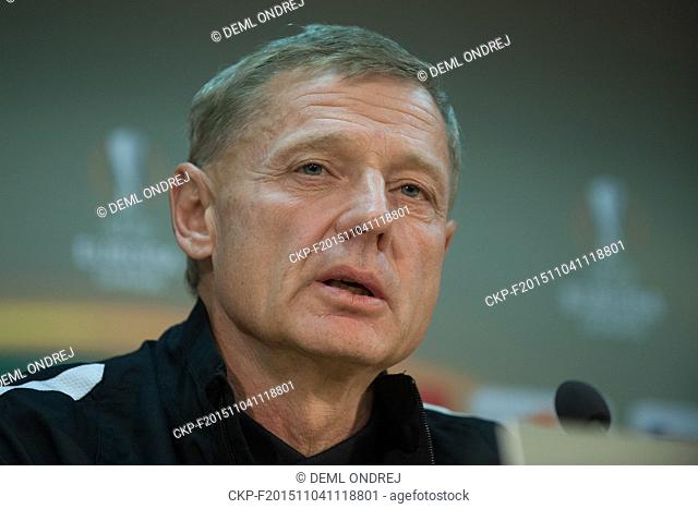 Coach of Sparta Zdenek Scasny speaks to journalists during the press conference prior to the European Football League 4th round group K match AC Sparta Prague...