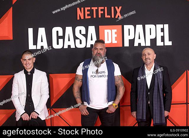 Ahikar Azcona, Roberto Garcia Ruiz and Ramon Aguirre attends to 'La casa de papel' (Money Heist) Season 5, Part 2 premier on palacio de Vistalegre November 30
