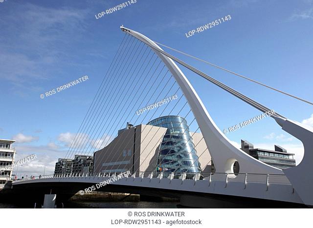 Republic of Ireland, Dublin City, Dublin. Samuel Beckett Bridge, a cable-stayed bridge designed by Spanish architect Santiago Calatrava that joins Sir John...