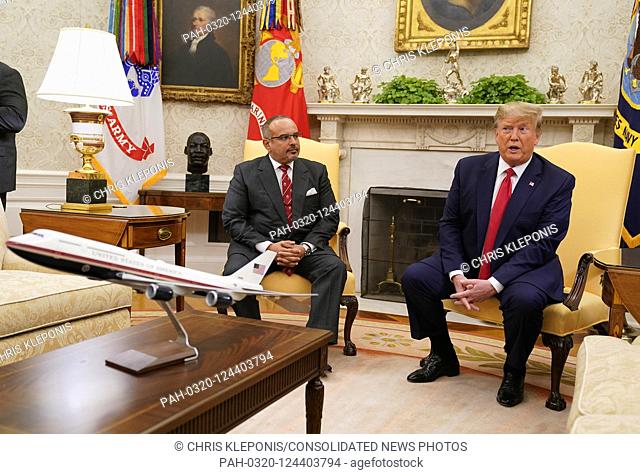 United States President Donald J. Trump, right, speaks to the media during a meeting with His Royal Highness Prince Salman bin Hamad Al-Khalifa, Crown Prince