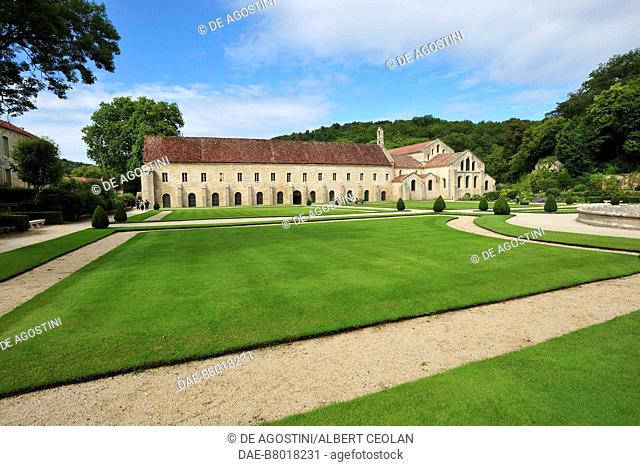 Gardens, chapter house and church, Fontenay Abbey (UNESCO World Heritage Site, 1981, 2007), Montbard, Burgundy-Franche-Comte, France, 12th century