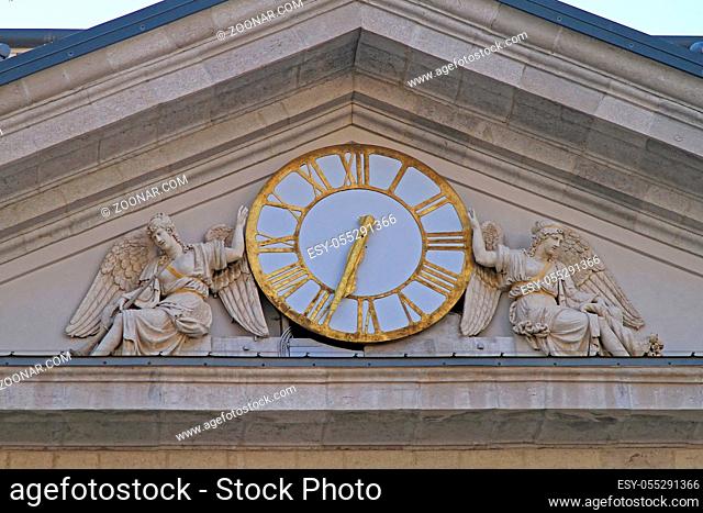 Trieste, Italy - July 11, 2011: Borsa Clock at Commodity Exchange Building in Trieste, Italy
