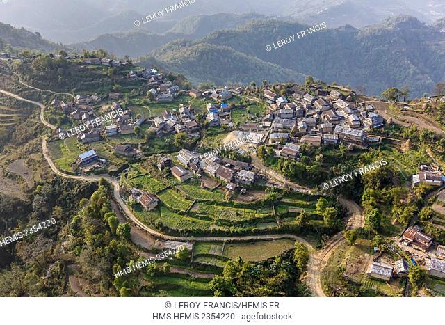 Nepal, Gandaki zone, Pokhara, Armala village lying on the south of the Annapurnas mountains (aerial view)