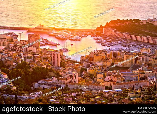 Monte Carlo yachting harbor and colorful waterfront aerial sunrise view, Principality of Monaco